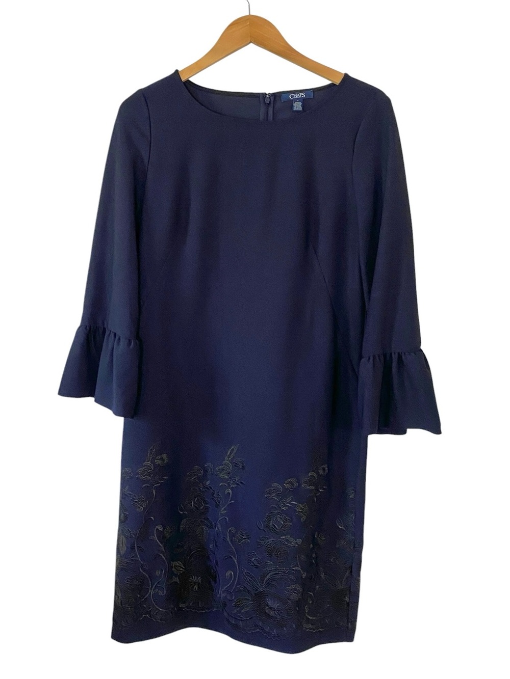Chaps Navy Blue Dress with Embroidered Details and Bell Ruffle Sleeves Sz 8
